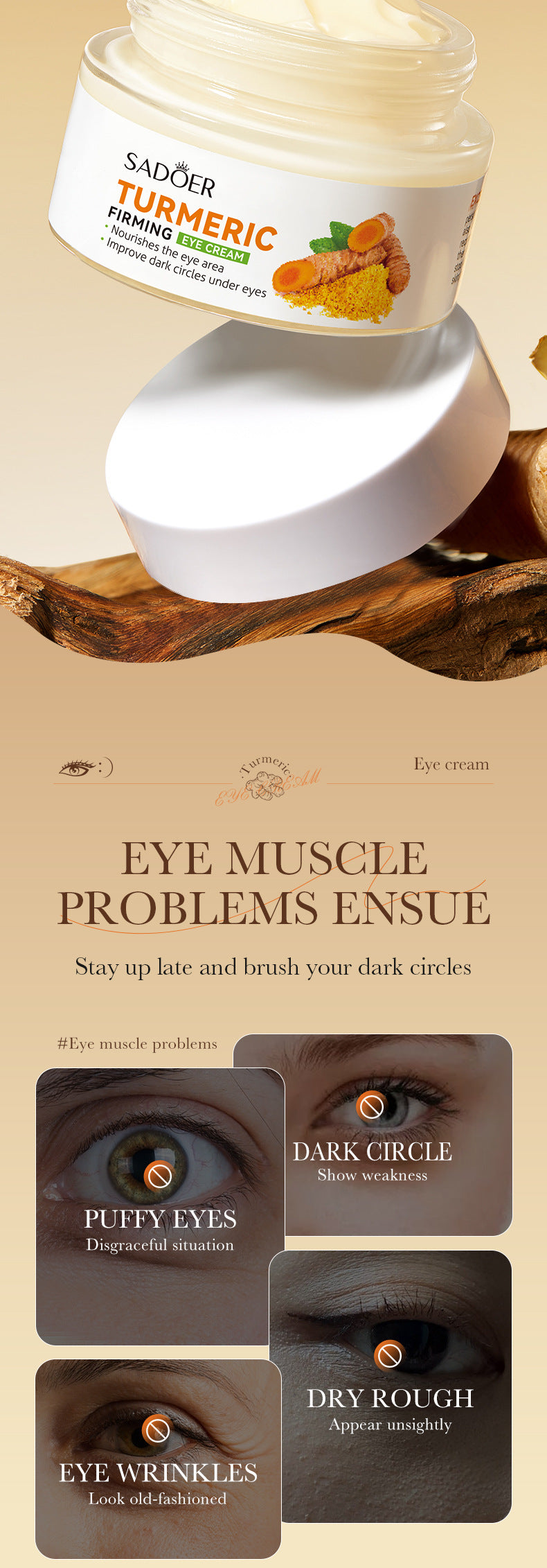 Turmeric Eye Cream SADOER Moisturize and Improve Dark Circles, Eye Lines, Eye Bags,  Wholesale