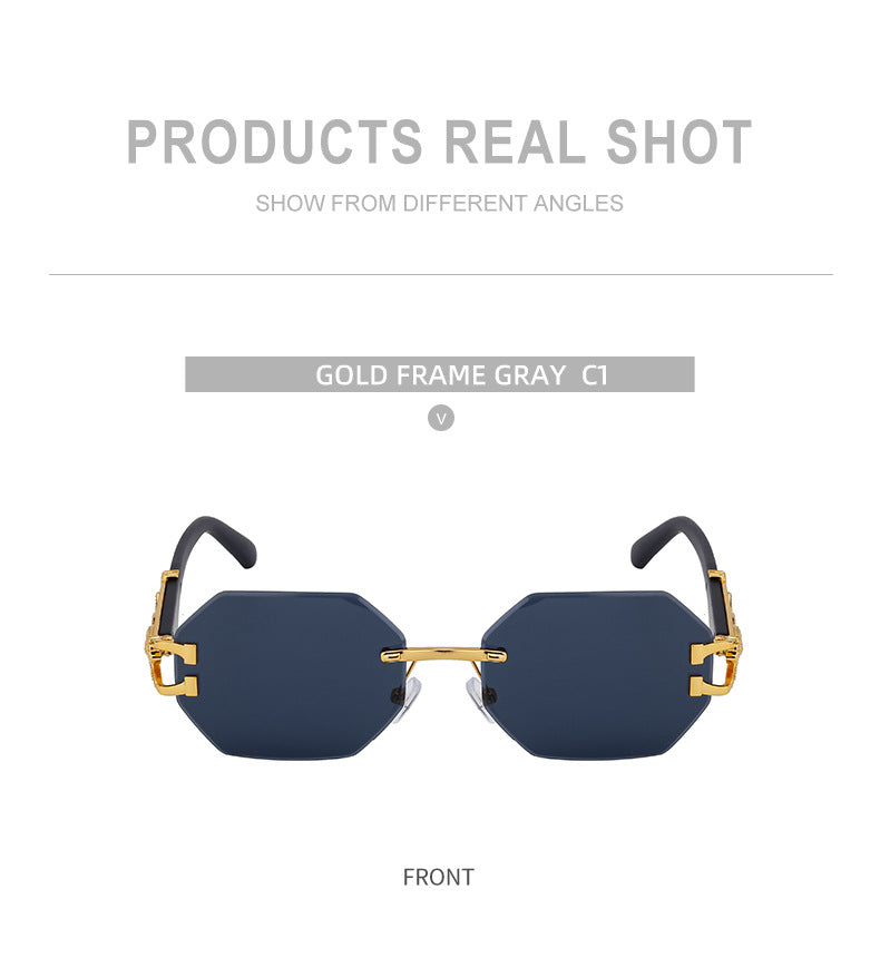 New European and American Retro Frameless Sunglasses for Men with Imitation Wood Grain Temples Wholesale Glasses shades