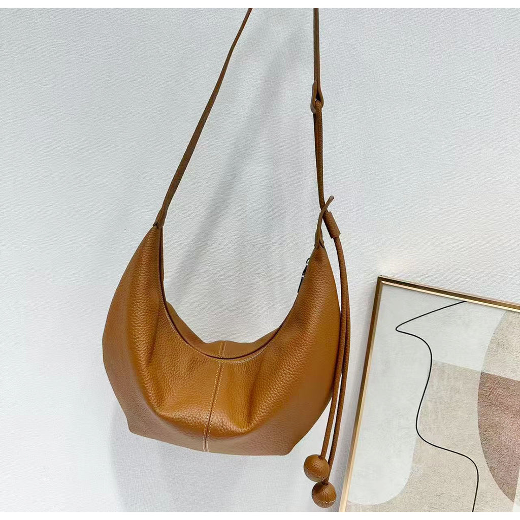 New Genuine Leather Underarm Bag Top Layer Cowhide Horn Dumpling Bag Simple Casual Versatile Single Shoulder Crossbody Bag