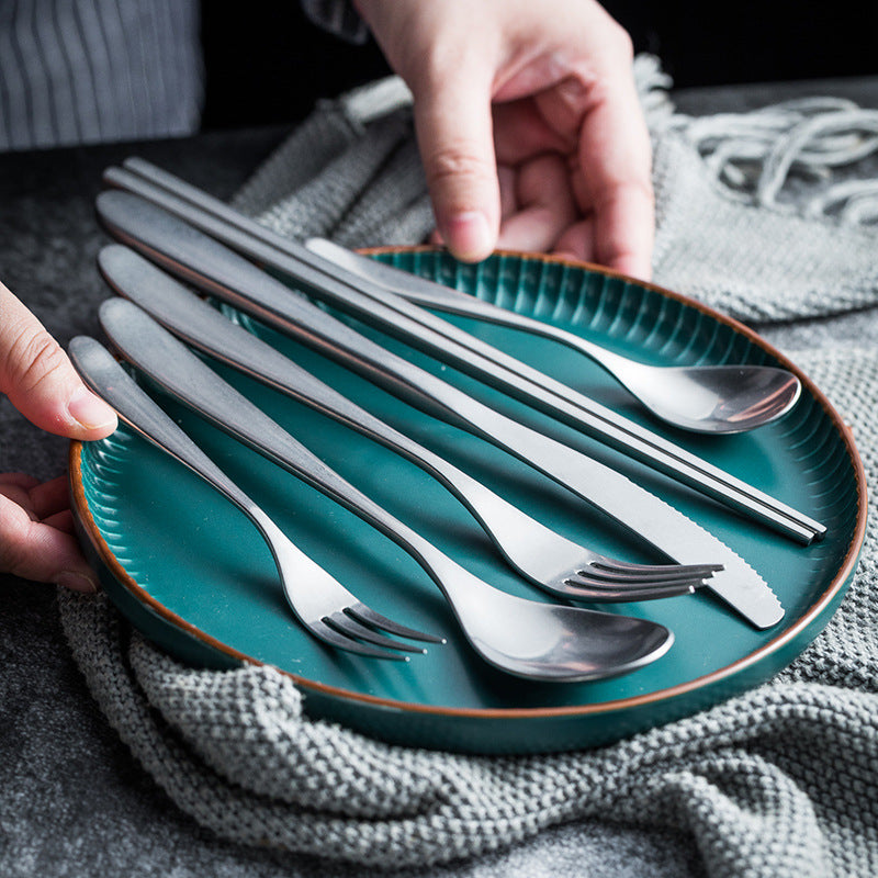 New Moon Moonlight Retro Vintage Stainless Steel Western Cutlery Set Snowflake Matte Texture Industrial Style Chopsticks Tableware