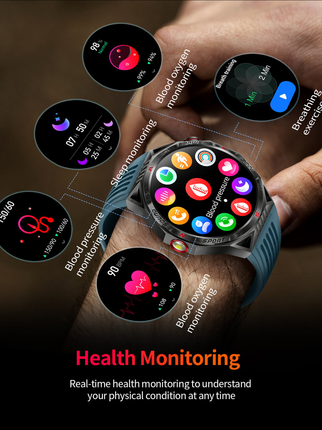 HT28Smart Watch Bluetooth Call True Heart Rate Step Sleep Breathing Training Deep Waterproof Flashlight Sports