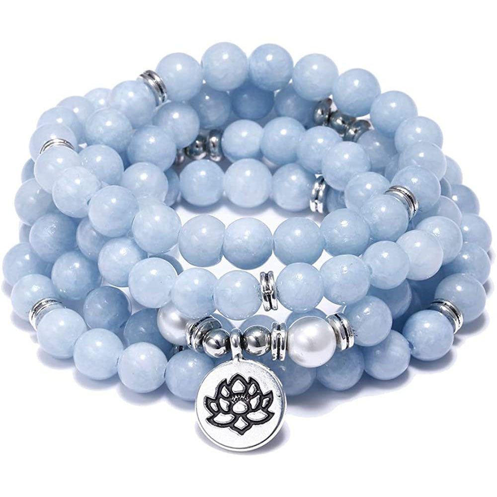 Beaded Bracelet Men's Gift108Buddha Lotus Eye Pendant Tiger Eye Stone Aquamarine Long Bracelet
