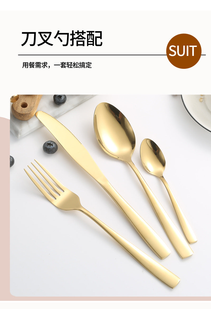 410Stainless Steel Tableware24Set of Hotel Western Dining Square Handle Steak Knife, Fork, Spoon, Tea Spoon