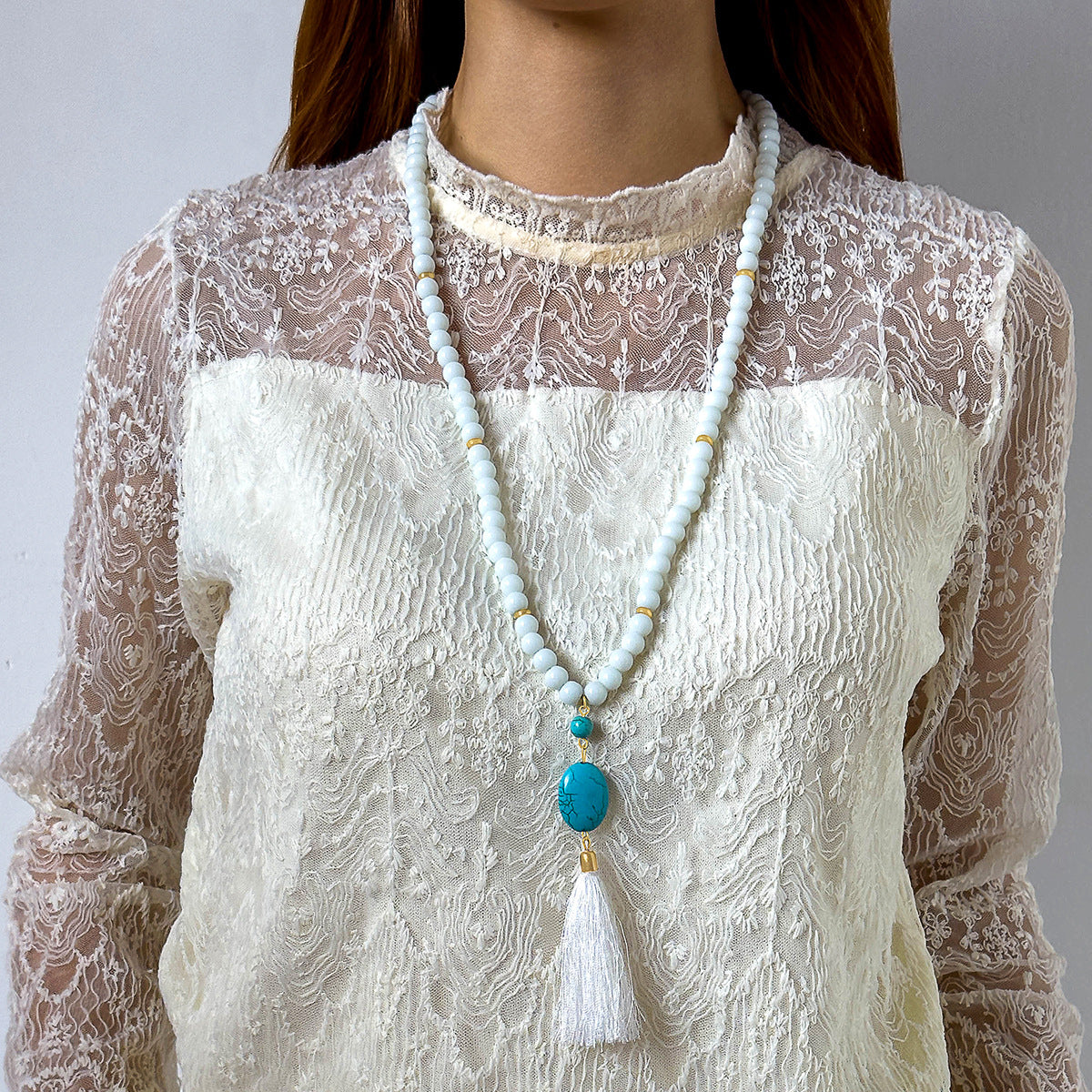 Simple Colorful Beaded Tassel y Chain Necklace Elegant Versatile Diamond-Studded Sweater Chain Jewelry