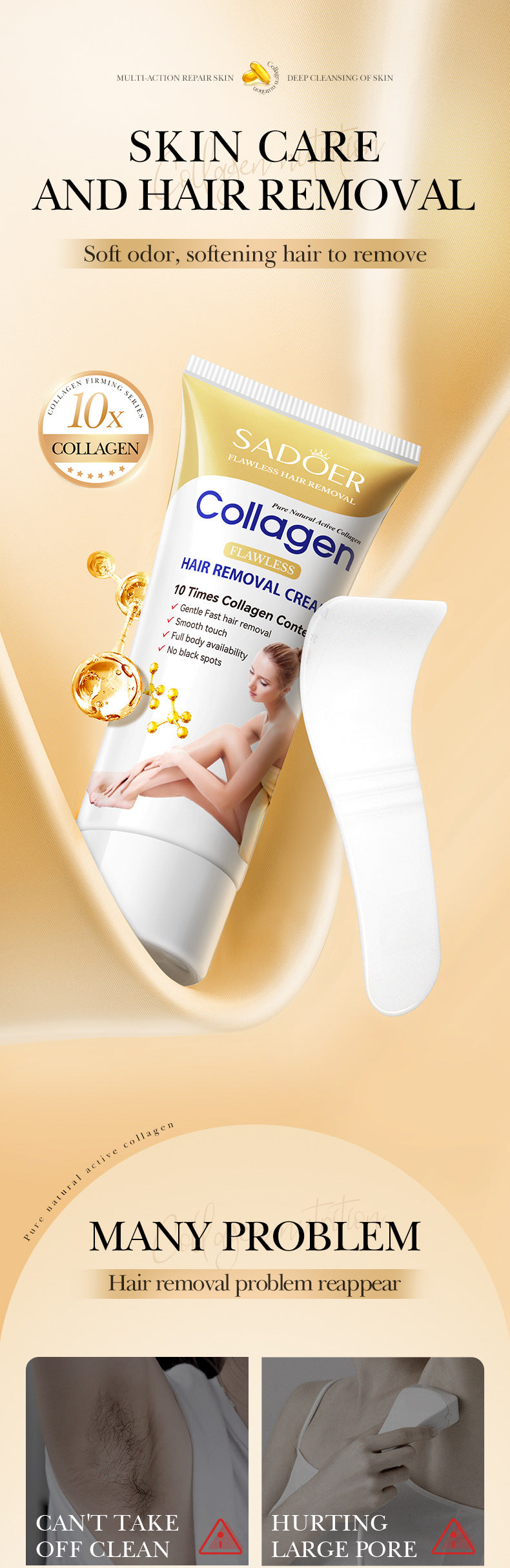 Collagen Gentle Hair Removal Cream SADOER Skin-friendly Non-irritating Underarm Hair Removal Cream  Wholesale