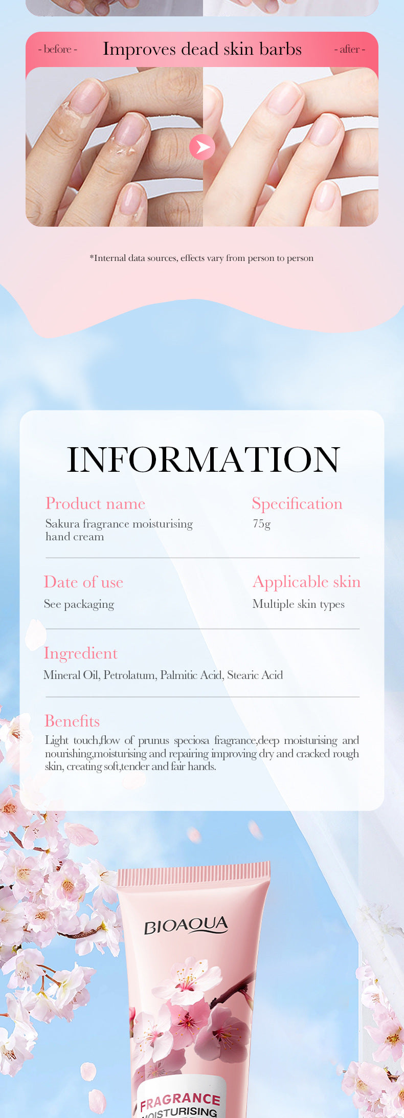 Sakura Moisturizing Hand Cream BIOAOUA Autumn and winter non-sleep moisturizing hand cream cross-border foreign trade wholesale