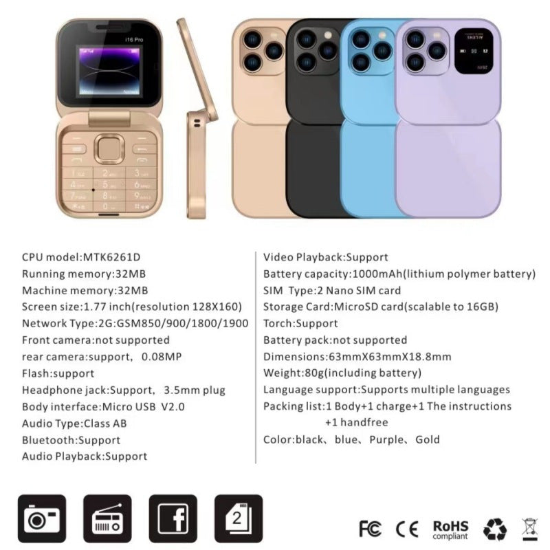 New i16pro Flip mini Mobile Phone F15Button Elderly Phone Dual SIM2G Multi-Language