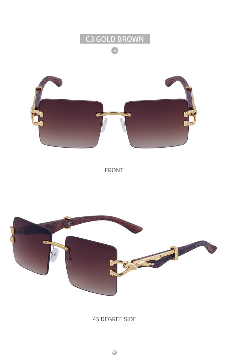 Vintage Rimless Sunglasses for Women with Leopard Wood Grain Temples, Square Frame Sunglasses for Men, Trendy Eyewear shades
