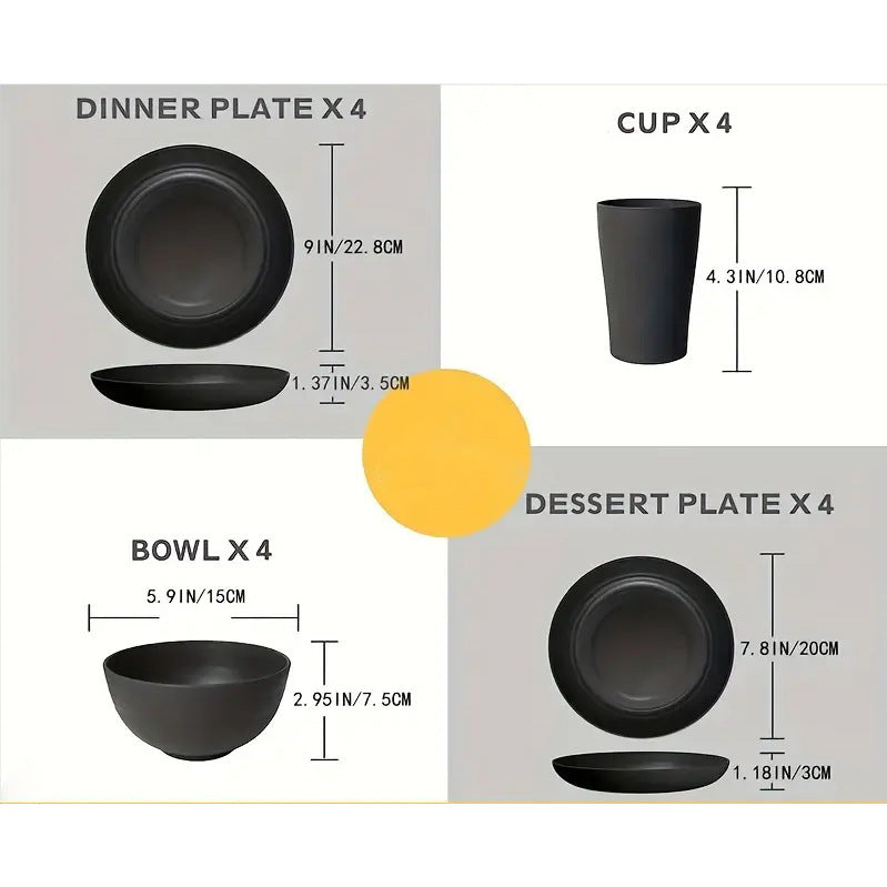 Hot selling pure black tableware set PP Dinner plate, water cup, essential cookware for outdoor camping16Set of bowls, cups, and plates