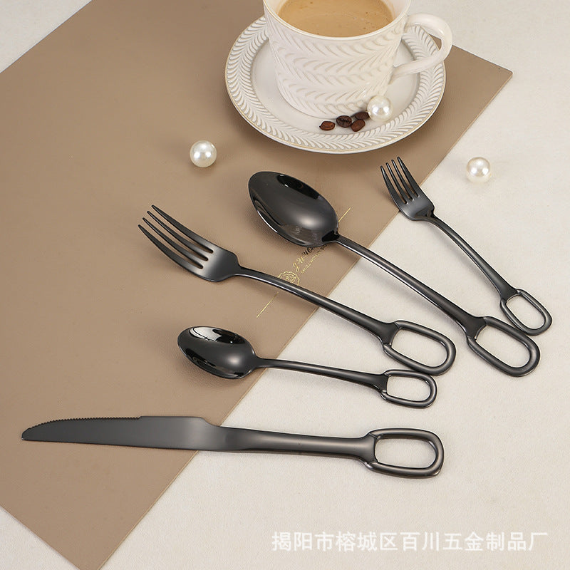 304Stainless Steel Western Cutlery Set with Rings, Steak Knife, Fork, Spoon, European Style Hanging Hole Tea Spoon with Tail Set