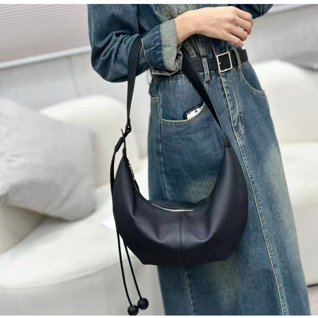 New Genuine Leather Underarm Bag Top Layer Cowhide Horn Dumpling Bag Simple Casual Versatile Single Shoulder Crossbody Bag