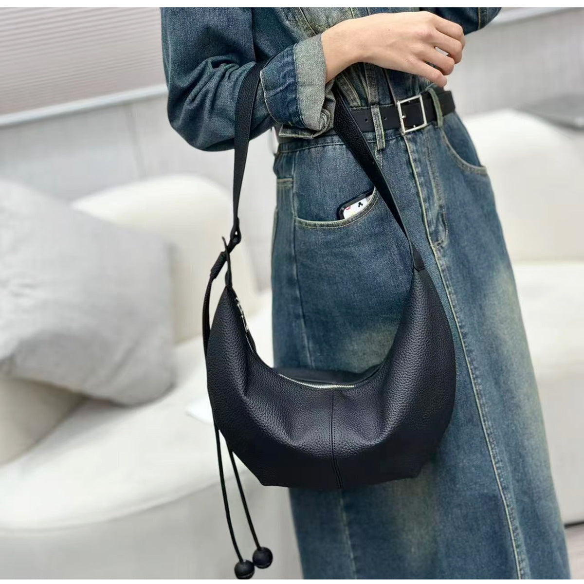 New Genuine Leather Underarm Bag Top Layer Cowhide Horn Dumpling Bag Simple Casual Versatile Single Shoulder Crossbody Bag