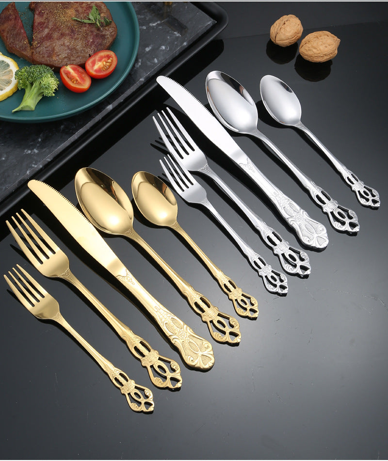 Stainless Steel Cutlery Restaurant Royal Court Knife Fork Spoon Set Hotel Western Cuisine European Retro Relief Steak Knife Fork