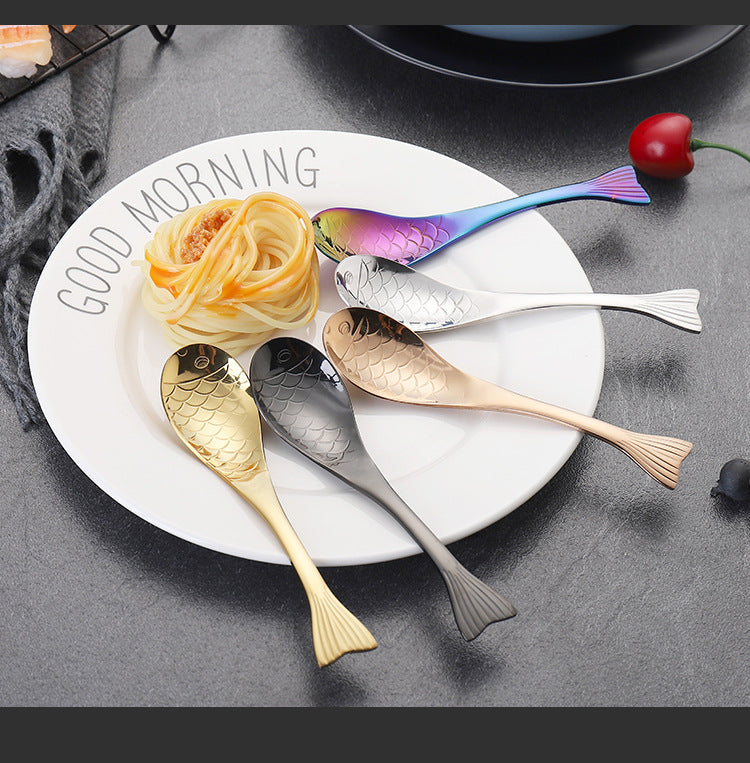 304Stainless Steel Spoon Cooking Restaurant Spoon Pickled Fish Spoon Cartoon Spoon PVD Titanium-plated Colorful Fish Tail Cute Spoon