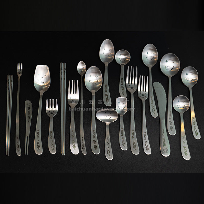 304Stainless Steel Creative Smiley Face Slanted Handle Laser Spoon Chopsticks Fork Student Tableware Full Set Gift Children's Tableware