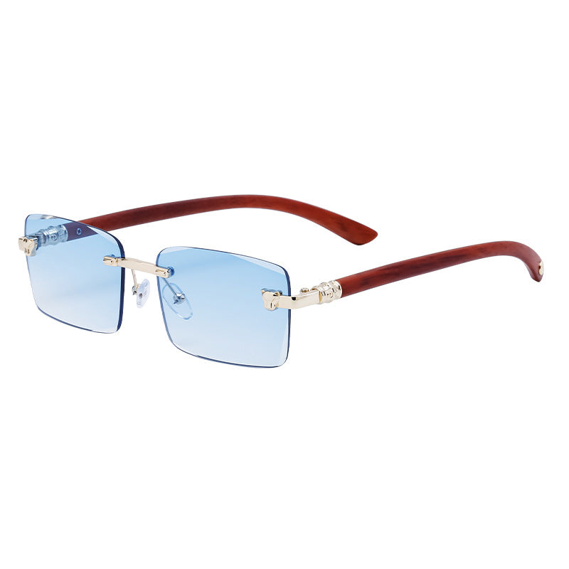 European and American Retro Frameless Sunglasses for Men with Imitation Wood Grain Temples, Men's Mountaineering Glasses shades