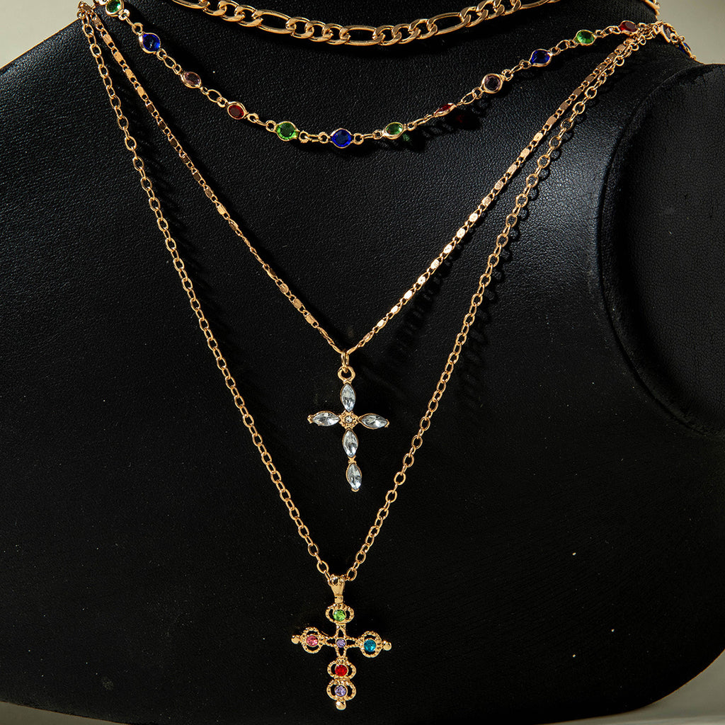 European and American Retro Hollow Diamond Cross Pendant Necklace Gothic Style Black Layered Wear Y Type Necklace