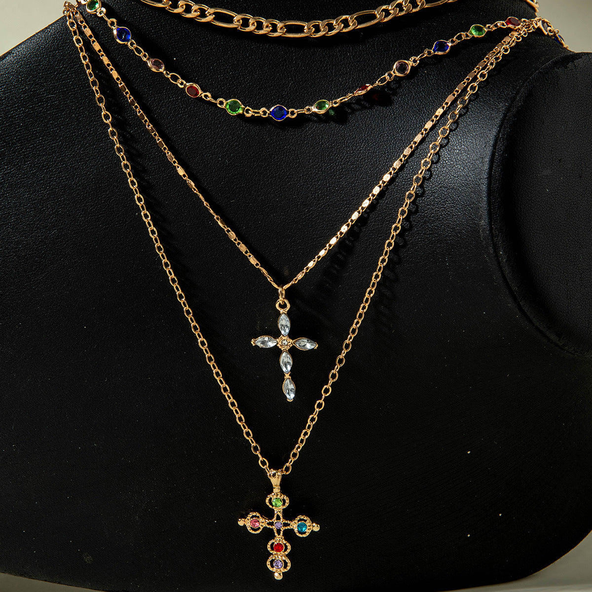 European and American Retro Hollow Diamond Cross Pendant Necklace Gothic Style Black Layered Wear Y Type Necklace