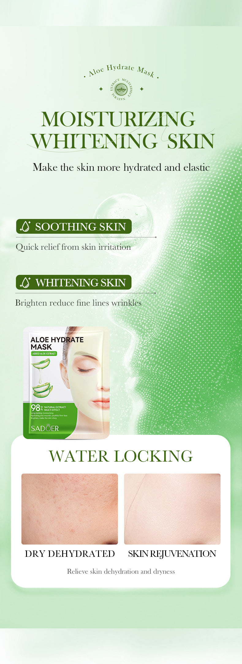 Facial Mask25g SADOER Aloe Vera VC Moisturizing and Rejuvenating Face Mask Sheet Pack for Cross-Border Wholesale