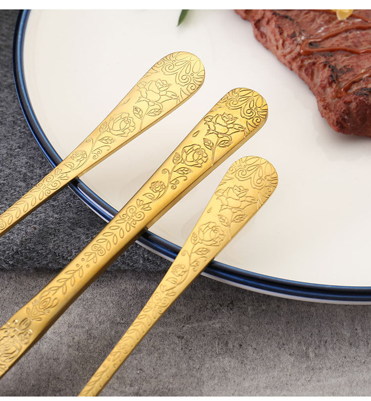 Vintage Pattern National Trend Stainless Steel Cutlery Set Five-Piece Set Western Steak Knife Fork Spoon Dessert Spoon Fork