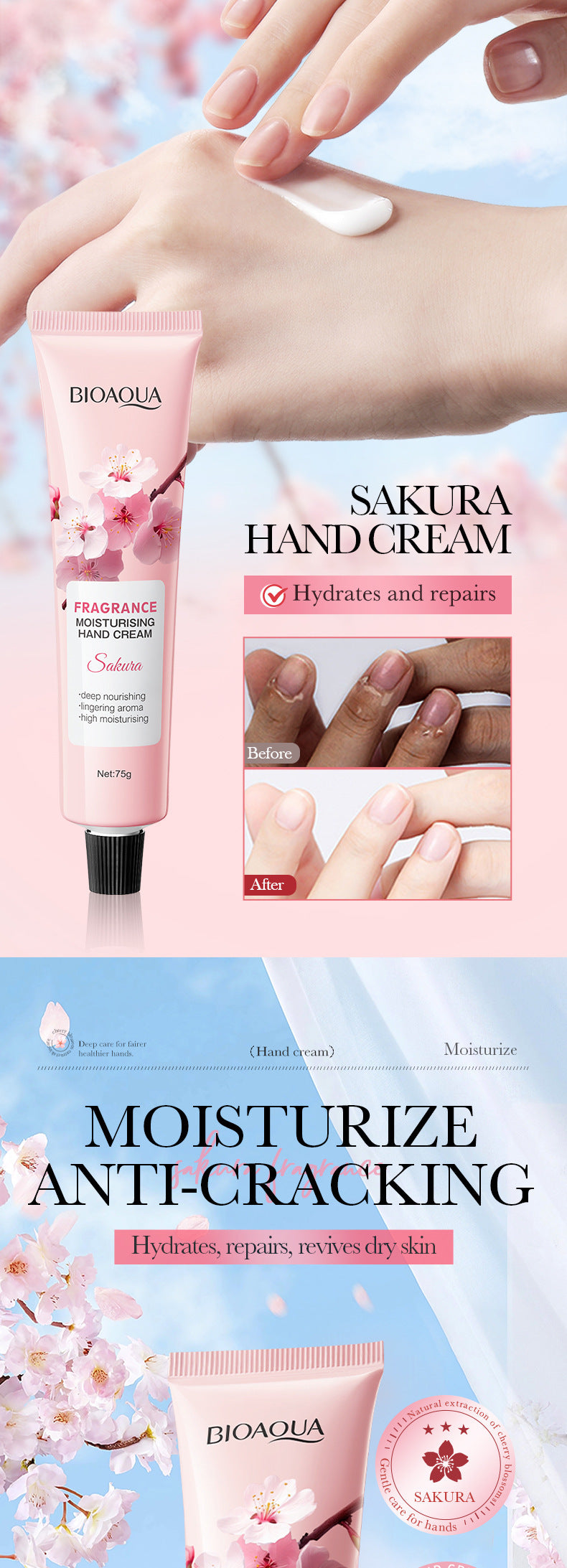 Sakura Moisturizing Hand Cream BIOAOUA Autumn and winter non-sleep moisturizing hand cream cross-border foreign trade wholesale