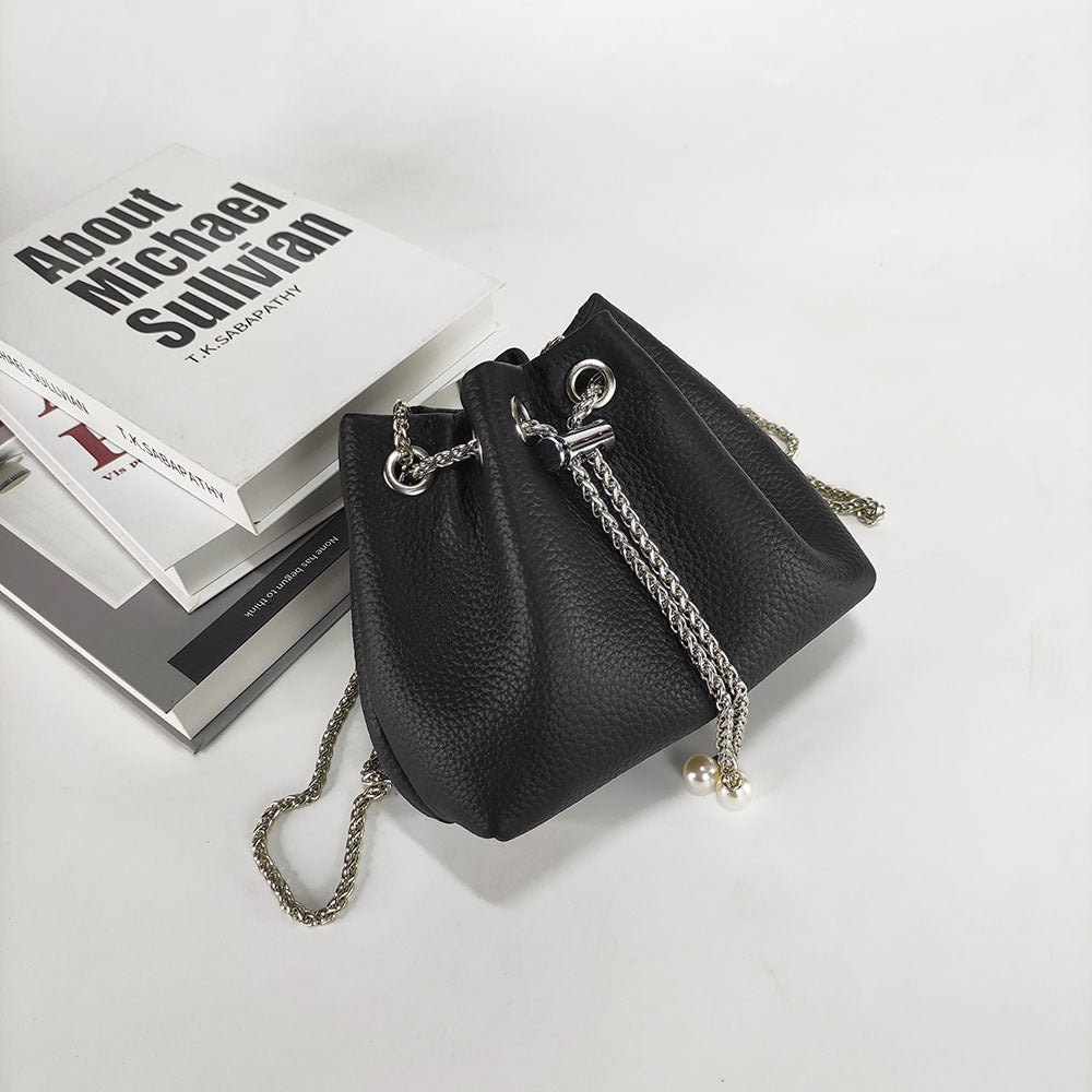 Niche Genuine Leather Bucket Bag for Women2024New Mini Small Bag Top Layer Cowhide Autumn Chain Shoulder Crossbody Bag