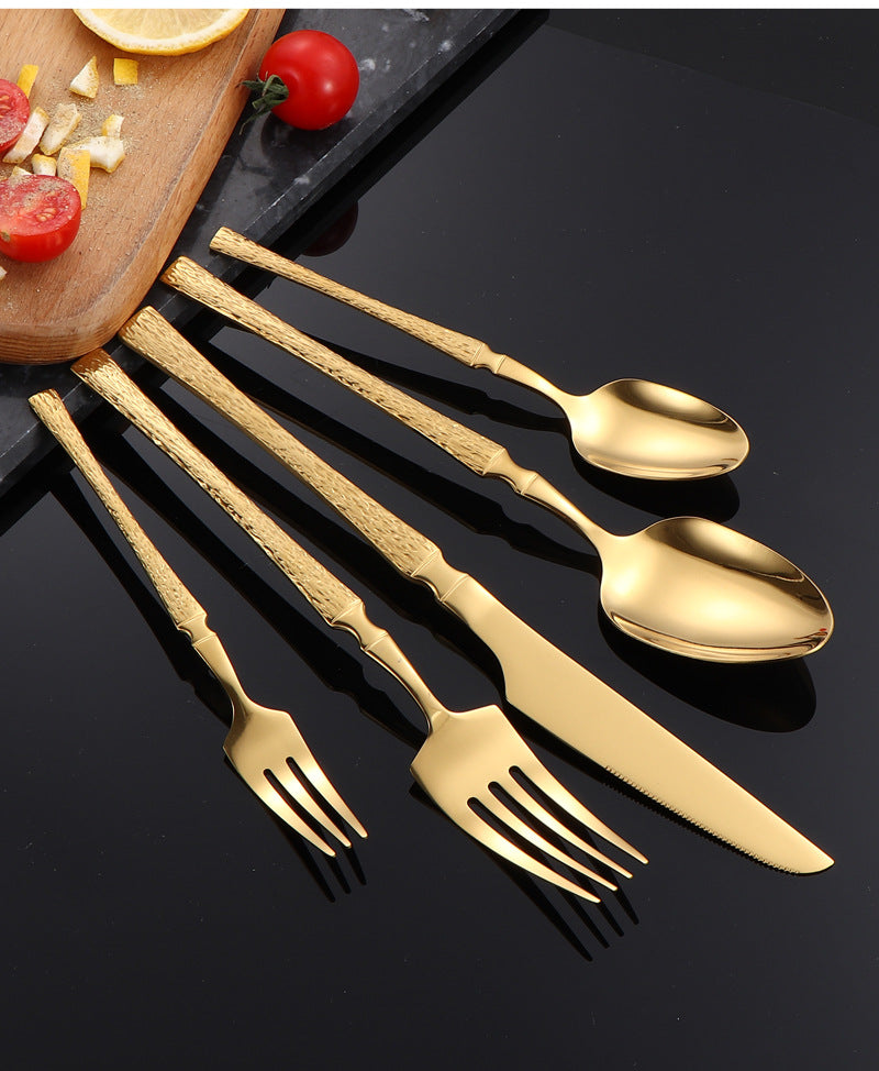 410Stainless Steel Cutlery Hotel Restaurant Hammered Knife Fork Spoon Set Western Small Waist Bark Pattern Steak Knife Fork