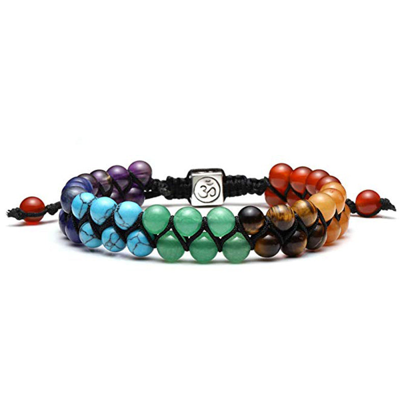 Men's Natural Stone Double Row Bracelet Woven Adjustable Bracelet Couple Colorful Volcanic Stone Woven Bracelet