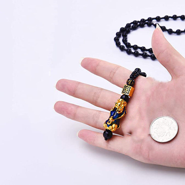 Pixiu Necklace for Men High-end Imitation Obsidian National Style Necklace Temperature-sensitive Color-changing Lucky Pixiu Buddha Bead Necklace