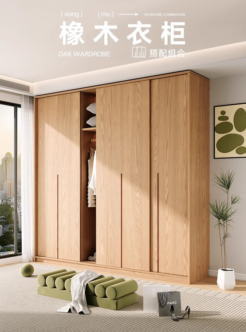 All Solid Wood Oak Sliding Door Wardrobe for Home Bedroom North American Style Small Apartment Sliding Door Cabinet Sliding Door Closet