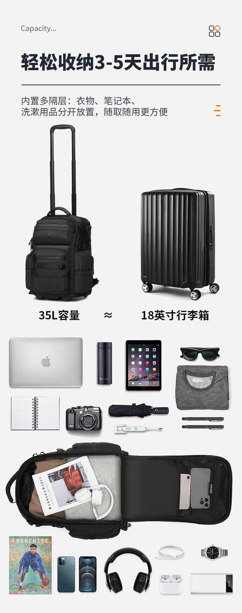 OZUKO Boarding Trolley Bag Men's Travel Backpack Multifunctional Large Capacity Short Distance Business Waterproof Backpack