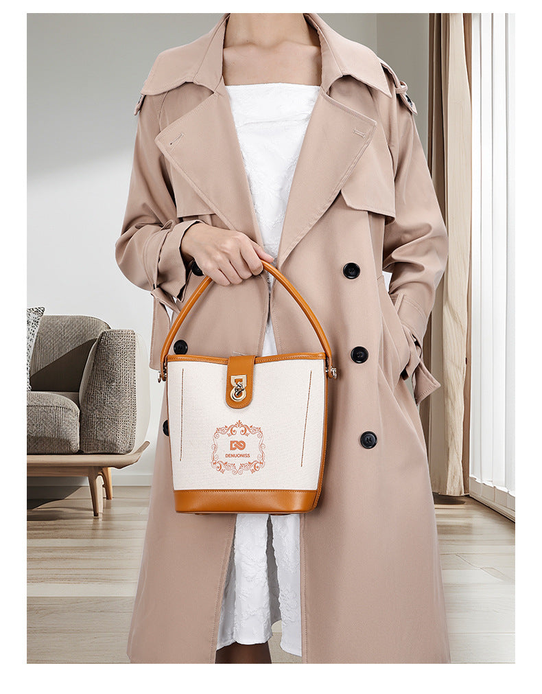 Korean Style Simple Canvas Contrast Color Bucket Bag Women's Stitching Portable and Fashion Women's Bag Versatile Messenger Bag