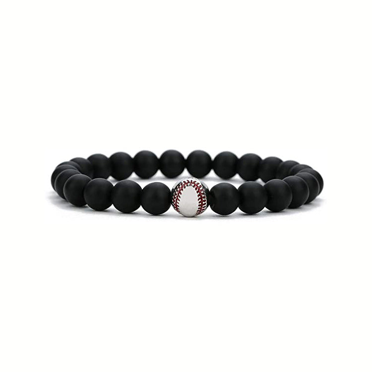 Sports Style Baseball Bracelet Men's Frosted White Turquoise8mm Beaded Bracelet Elastic Cord Volcanic Stone Baseball Bracelet