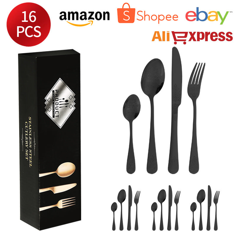 Stainless Steel Cutlery Set1010Double Flower Relief Knife, Fork, and Spoon24Set of Western Steak Knives and Forks