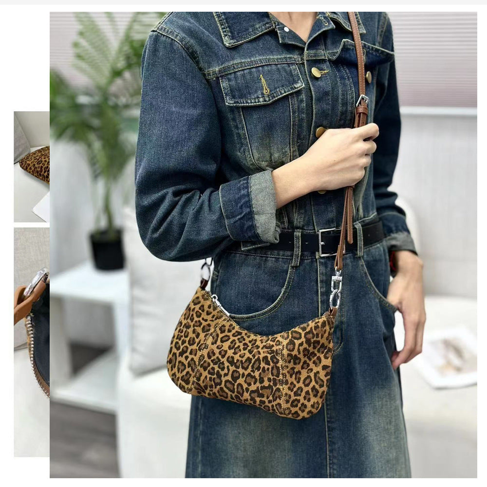 Autumn and winter niche leopard print underarm bag2025New Matte Top Layer Cowhide Single Shoulder Crossbody Bag Handheld Small Bag