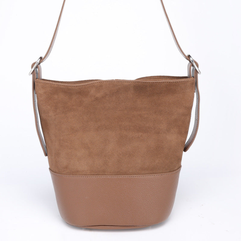 European and American Style Matte Single Shoulder Crossbody Bag for Women, Large Capacity Genuine Leather Fashion Versatile Color-Block Handbag Bucket Bag Underarm Bag for Women
