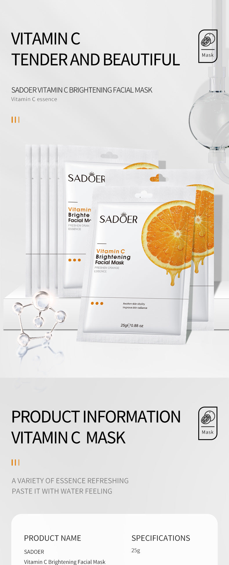 Vitamin C Facial Mask25gSADOER Hydrating Moisturizing and Nourishing VC Facial Mask Sheet Pack Live Export Wholesale