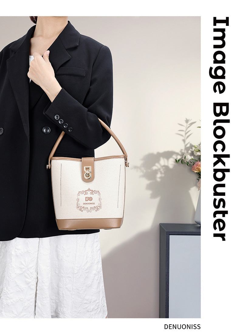 Korean Style Simple Canvas Contrast Color Bucket Bag Women's Stitching Portable and Fashion Women's Bag Versatile Messenger Bag