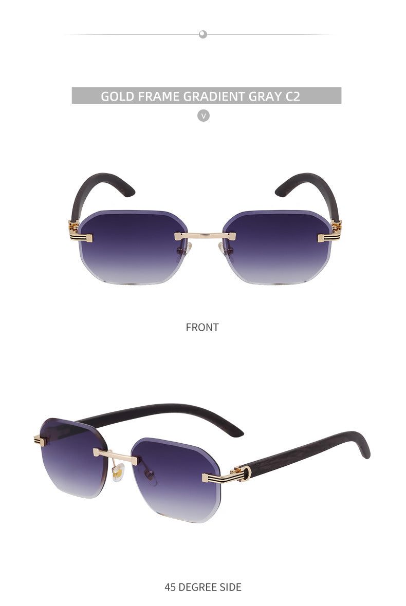Frameless Glasses for Men High-End European and American Retro Imitation Wood Grain Temple Sunglasses UV Protection Personality Sunglasses
