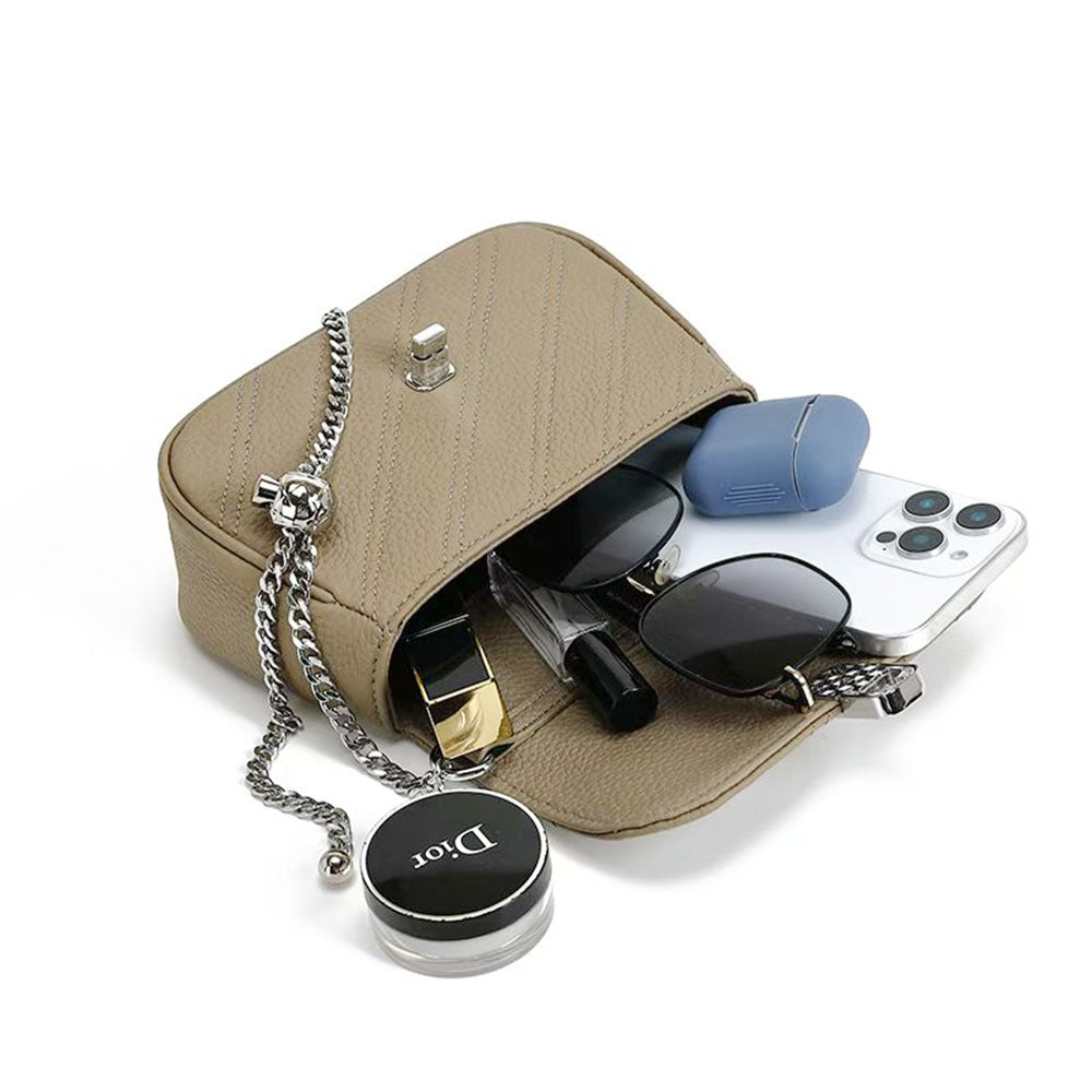 Genuine Leather Women's Bag New Metal Chain Small Square Bag Simple Versatile Chanel Style Single Shoulder Solid Color Embroidered Thread Crossbody Bag