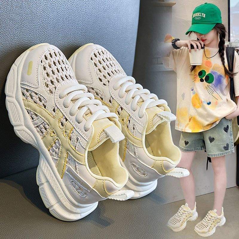 Girls' Sneakers2025Summer New Breathable Hollow Summer Dad Shoes for Big Kids Running Shoes Children's Shoes
