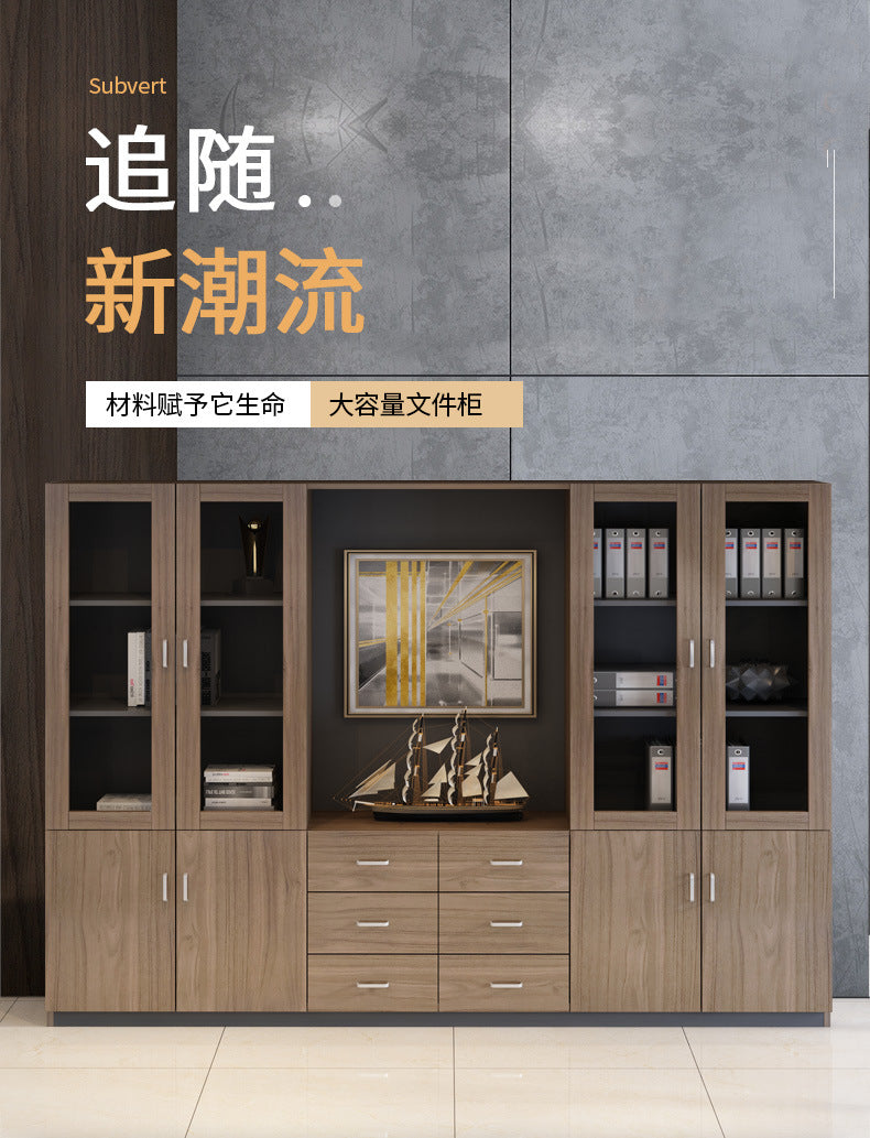 Wooden File Cabinet Office Bookshelf Boss Desk Background Cabinet Drawer-Type Office Document Cabinet Glass Door High Cabinet