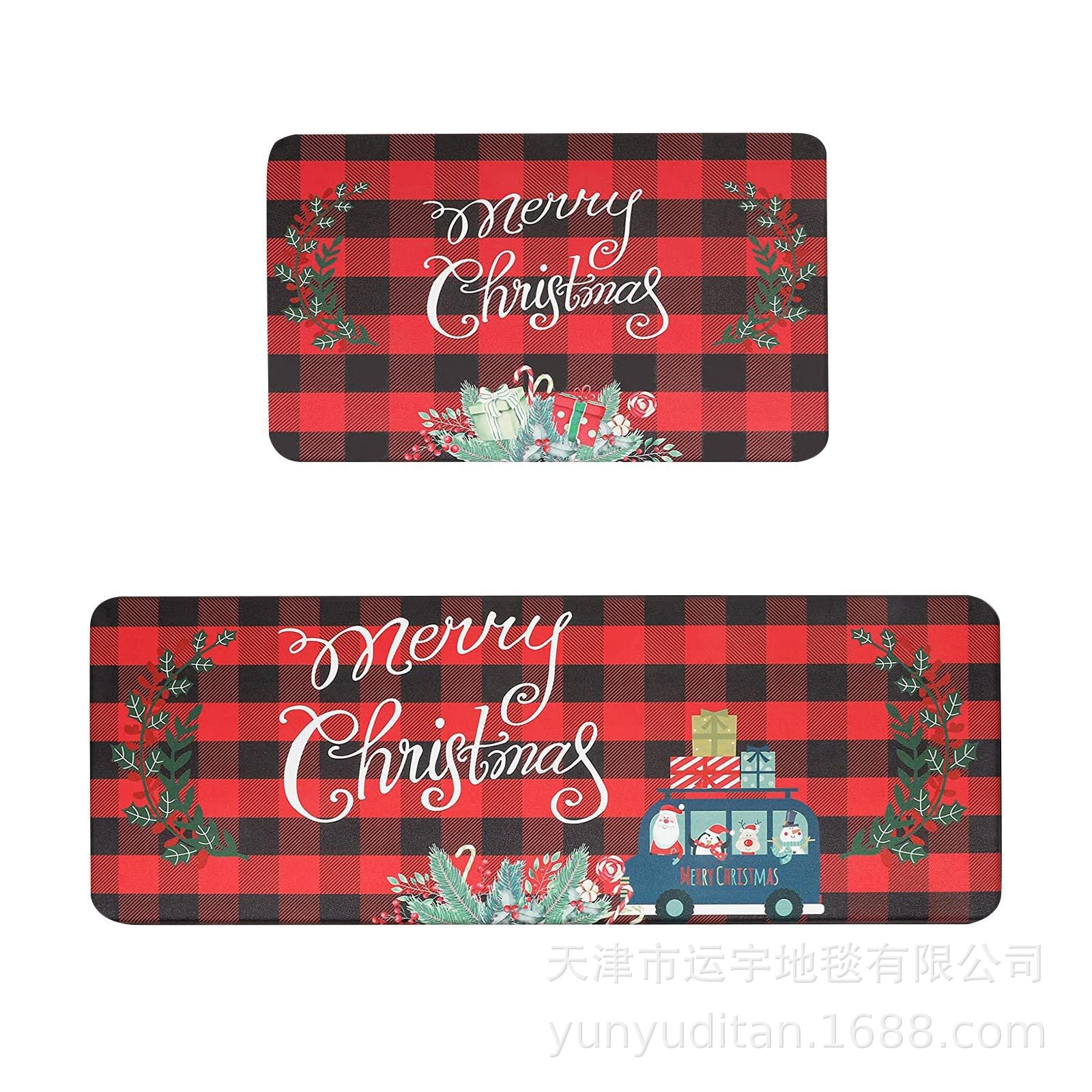 Christmas Kitchen Floor Mat Two-Piece Set Crystal Velvet Water-Absorbent Oil-Absorbent Non-Slip Foot Mat Holiday Decorative Floor Mat