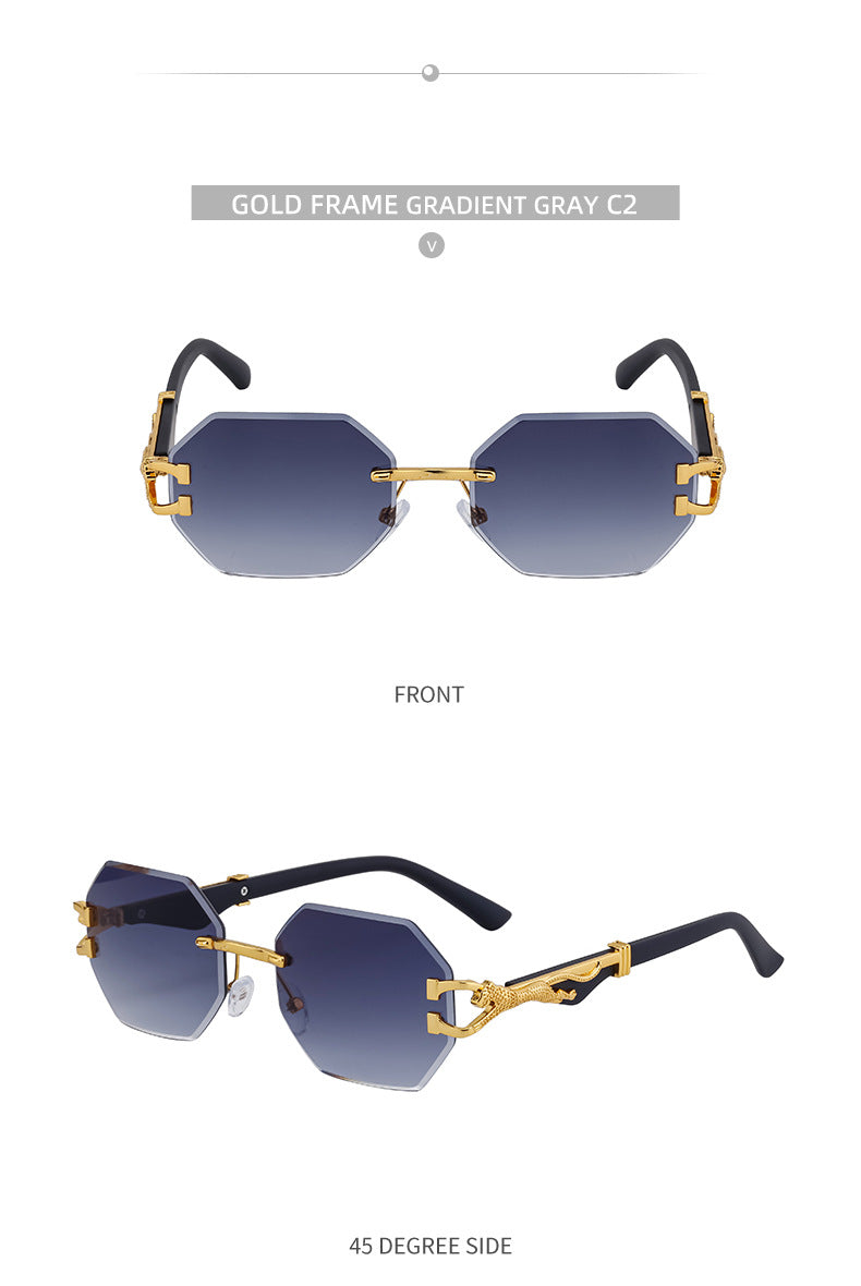 New European and American Retro Frameless Sunglasses for Men with Imitation Wood Grain Temples Wholesale Glasses shades