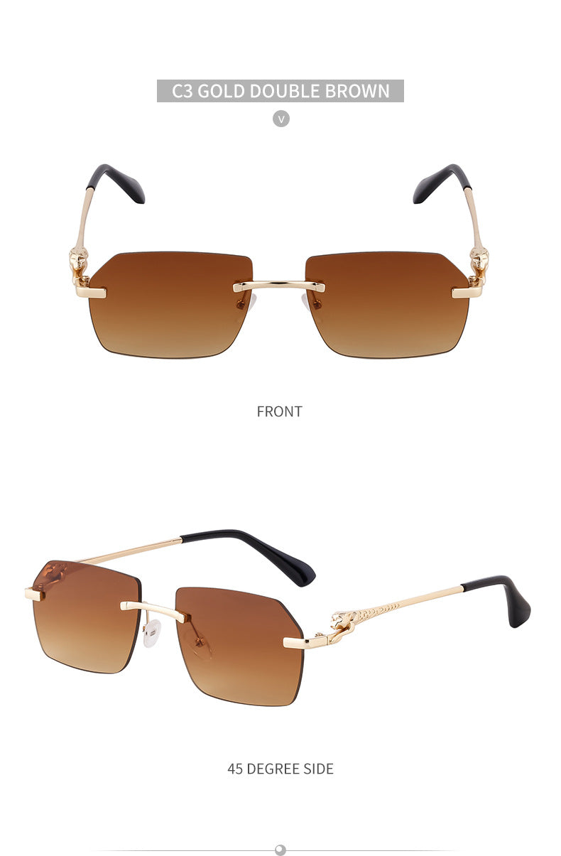European and American Frameless Cut Edge Leopard Temple Sunglasses for Men Retro Square Frame Driving Sun Protection Sunglasses Wholesale Glasses