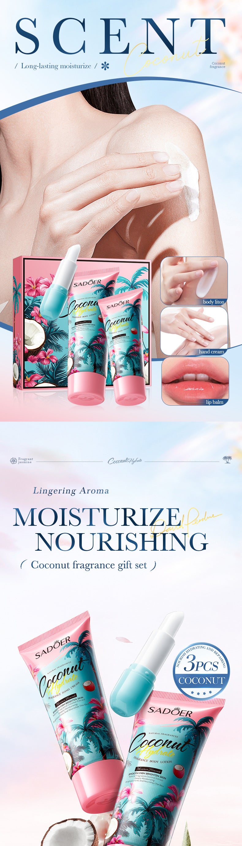 Coconut Fragrance Luxury Care Gift Box SADOER Hydrating Body Lotion Hand Cream Lip Balm  Wholesale