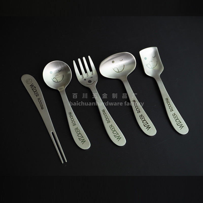 304Stainless Steel Creative Smiley Face Slanted Handle Laser Spoon Chopsticks Fork Student Tableware Full Set Gift Children's Tableware