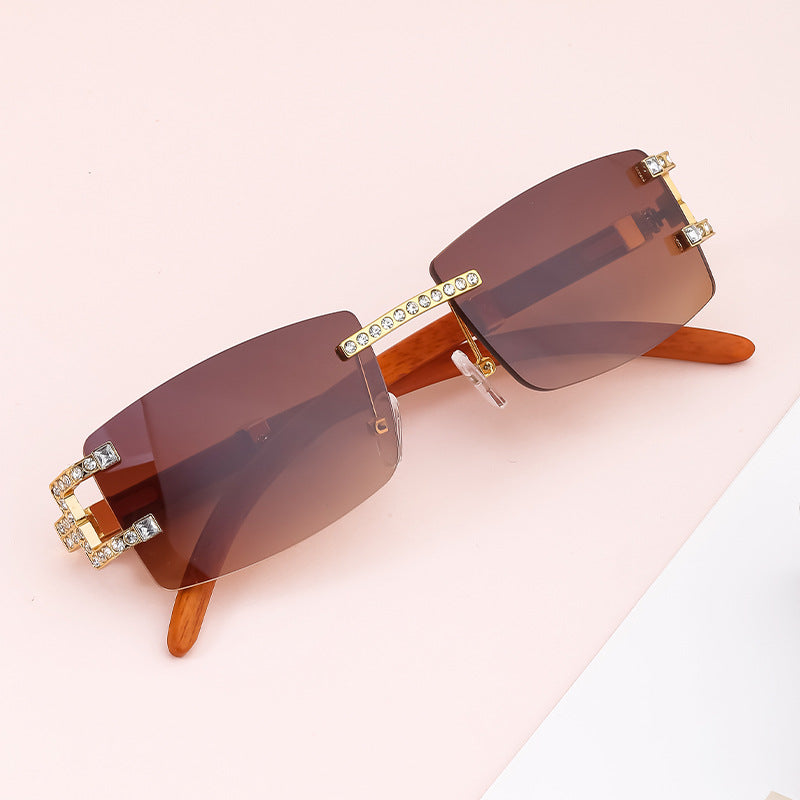 Imitation Wood Grain Leg Retro Sunglasses for Men Fashion Trend Diamond-Studded Rimless Sunglasses Men's Sun Protection Square Frame Glasses Street Style