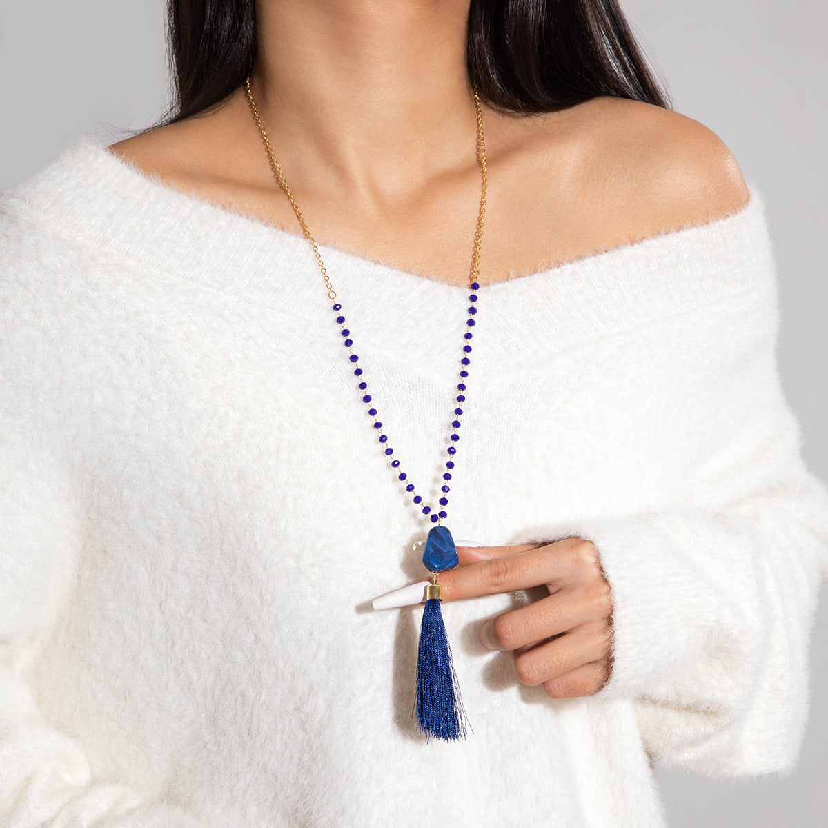 Simple Colorful Beaded Tassel y Chain Necklace Elegant Versatile Diamond-Studded Sweater Chain Jewelry