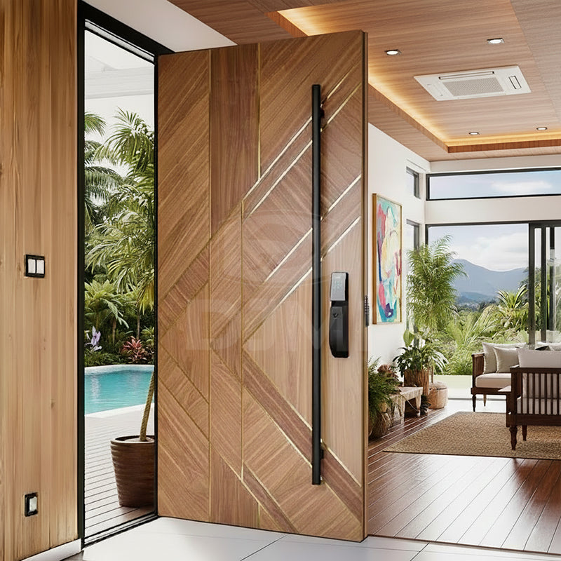 Villa Home Outdoor Timber Door for House Gong groove Line Carving Solid Wood Front Entry Pivot Door with Black Long Handle